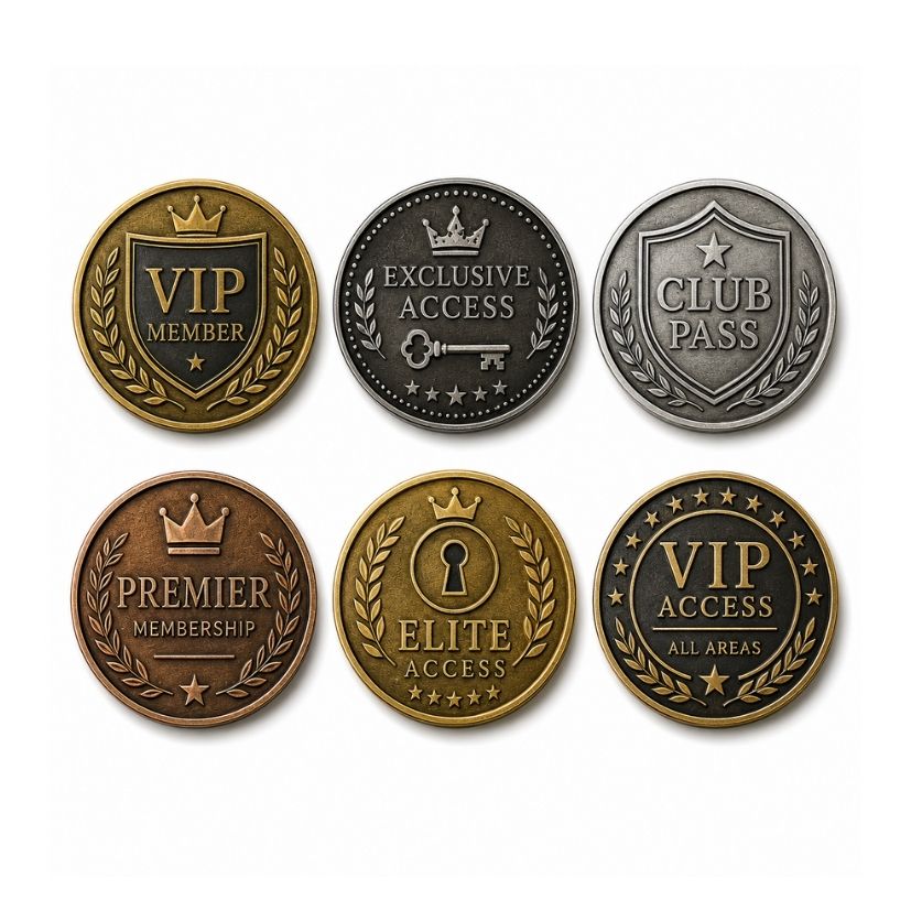 VIP membership and exclusive access custom metal tokens, ideal for premium club and hospitality branding.