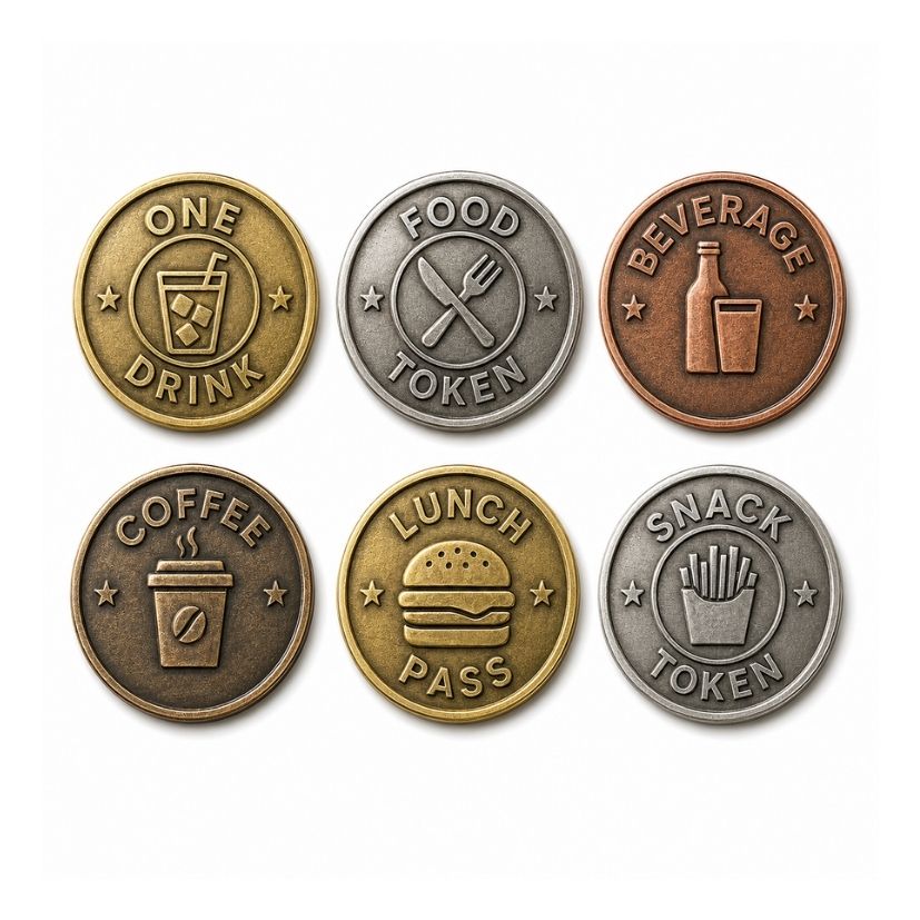 Food, beverage, and dining custom metal tokens for hospitality venues, cafes, and event catering.