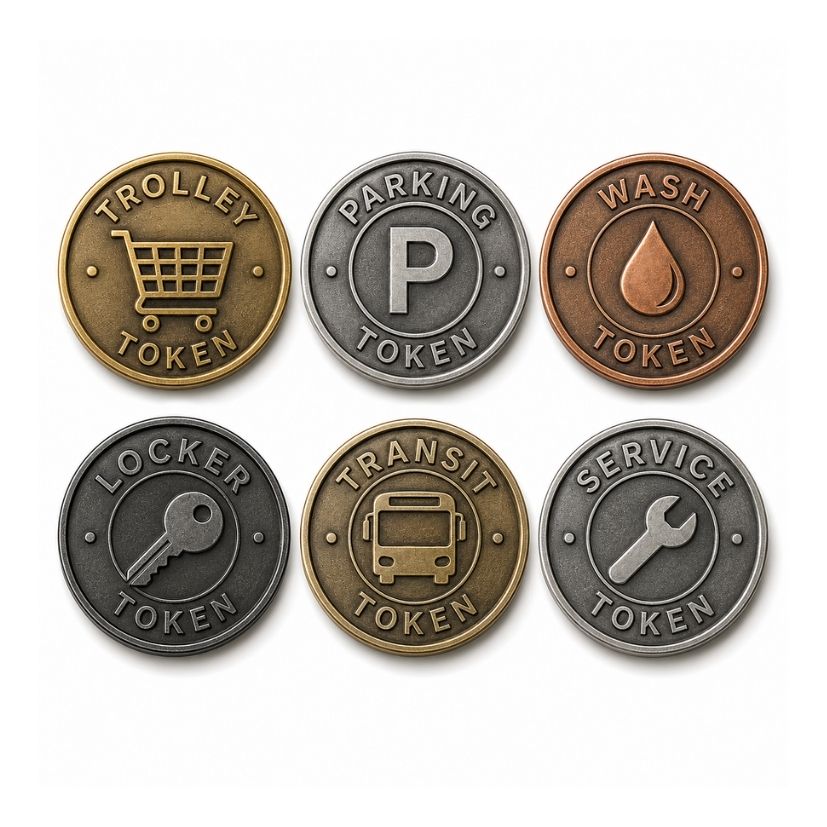 Utility and service custom metal tokens including trolley, parking, and locker passes for commercial supply.