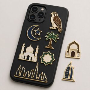 Custom gold enamel metal phone stickers featuring Middle East cultural icons and landmarks for wholesale.