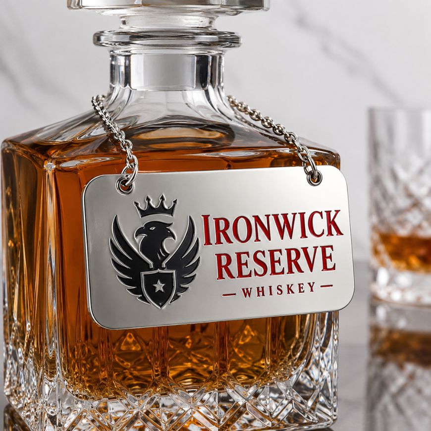Custom engraved silver metal decanter label with black and red logo on a crystal whiskey bottle, bar accessory wholesale.
