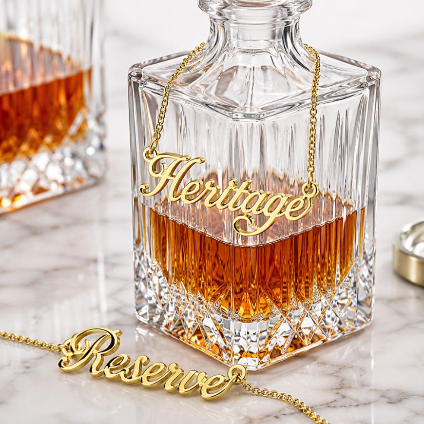 Custom gold metal script letter decanter tag with chain on a crystal whiskey bottle, luxury barware wholesale.
