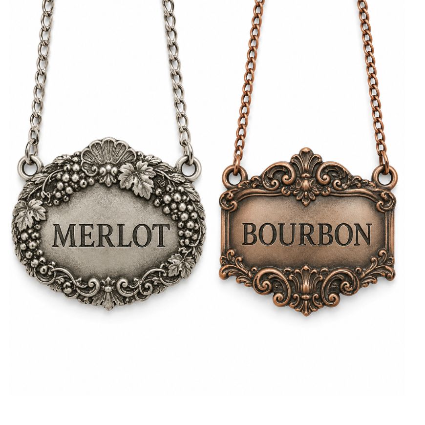 Antique silver and bronze embossed metal decanter labels for Merlot and Bourbon wholesale.