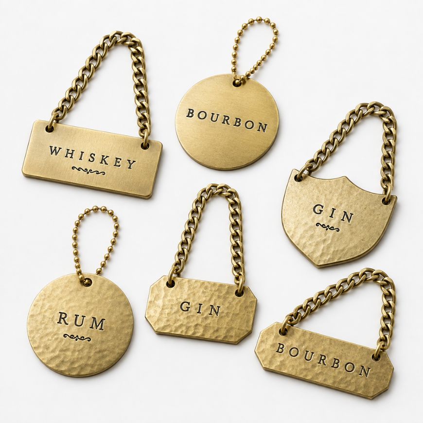 Assorted custom brass decanter tags in various shapes with chains, personalized barware wholesale.