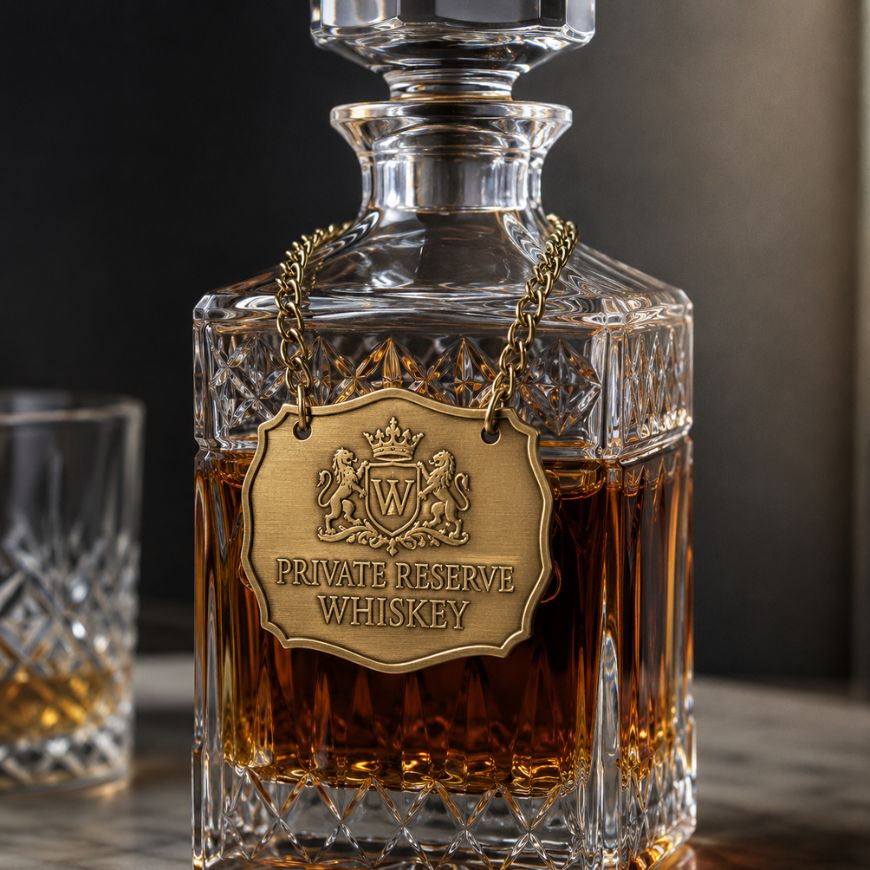 Custom engraved brass decanter tag with royal crest on a crystal whiskey bottle, luxury bar accessory.
