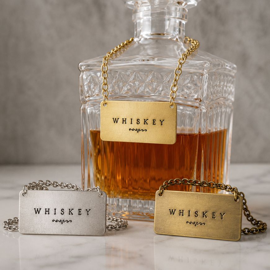 Gold and silver metal liquor decanter tags with chains, custom engraved bottle label wholesale.