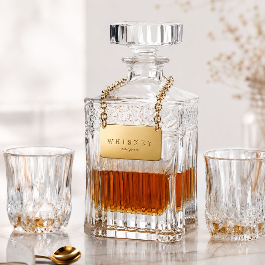 Custom metal whiskey decanter label on a crystal bottle with matching glasses, barware collection.