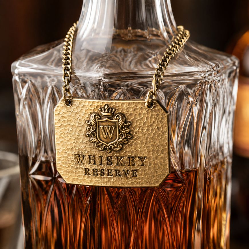 Hammered brass whiskey reserve decanter tag with chain on a cut glass bottle, custom metal crafts.