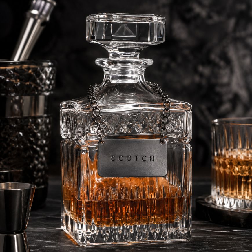 Gunmetal black metal scotch decanter label with chain on a crystal bottle, modern bar accessory.
