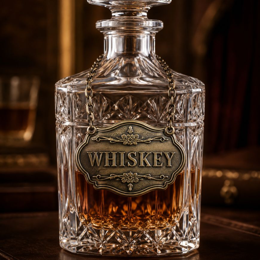 Vintage style engraved brass liquor decanter tag with decorative border on a crystal bottle.