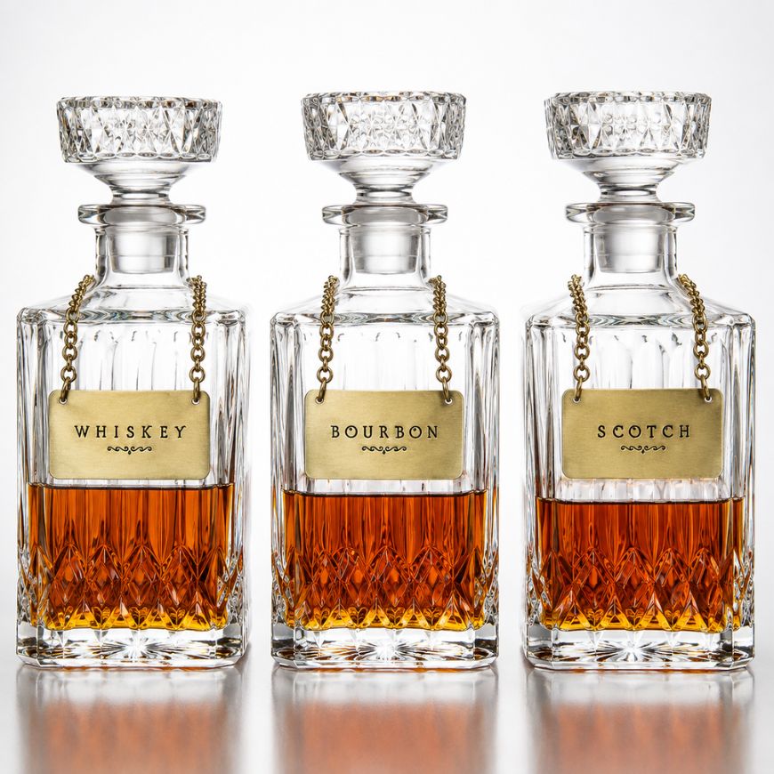 Set of three crystal decanters with custom engraved gold metal labels for whiskey, bourbon, and scotch.