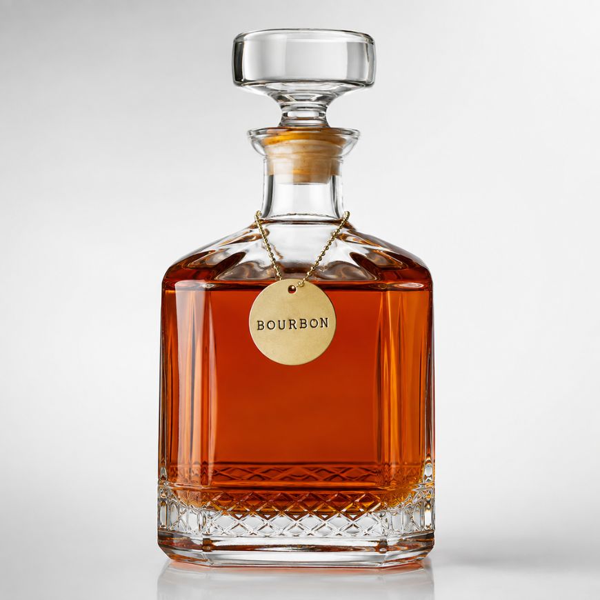 Round gold metal bourbon decanter tag with chain hanging from a square crystal bottle, custom barware.