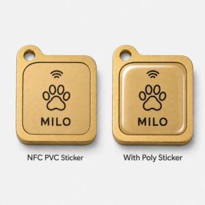 Square gold smart NFC pet ID tag showing matte PVC sticker and epoxy dome poly sticker finishes for OEM supply.