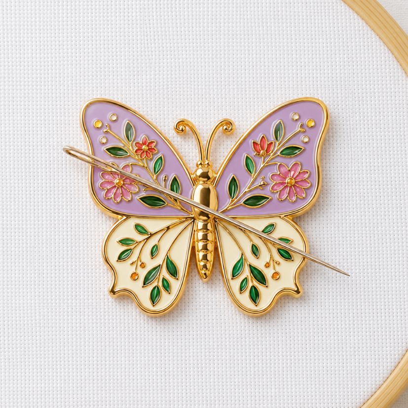 Purple floral butterfly enamel needle minder holding a needle on embroidery hoop, custom OEM sewing notions.