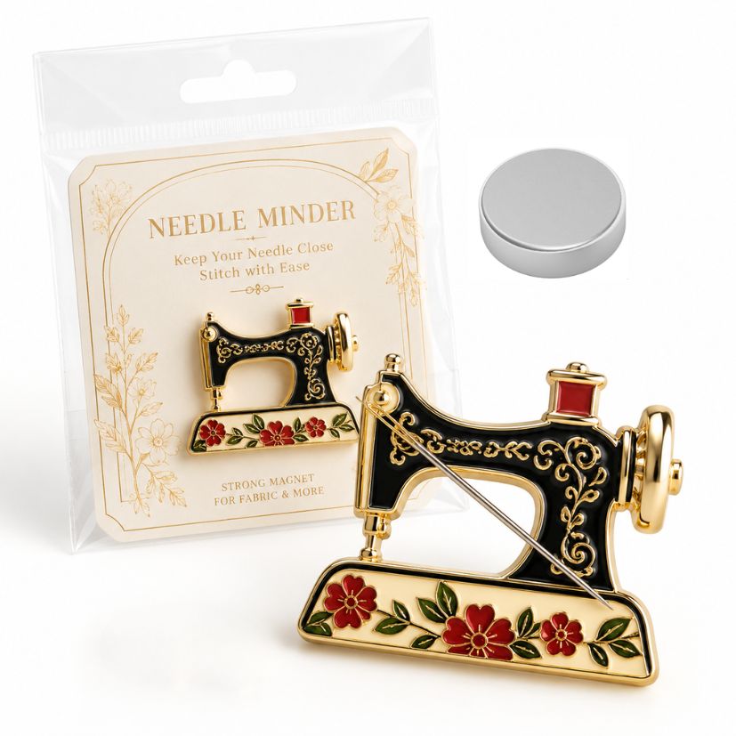 Vintage sewing machine enamel needle minder with retail backing card packaging and magnet for wholesale orders.