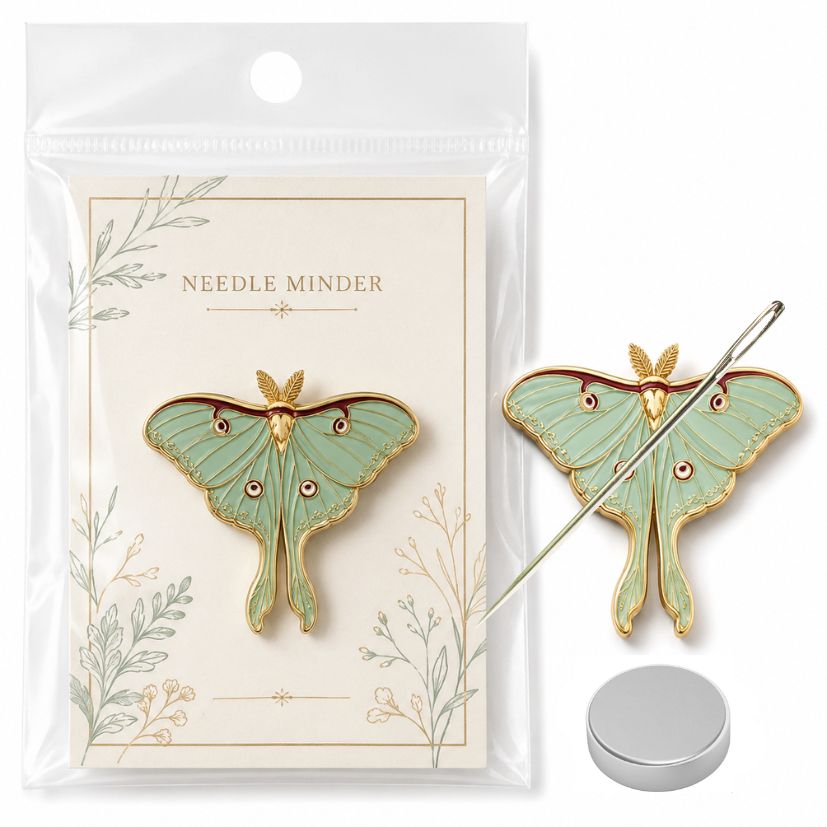 Luna moth enamel needle minder with retail blister packaging card and extra magnet, custom sewing notions OEM.