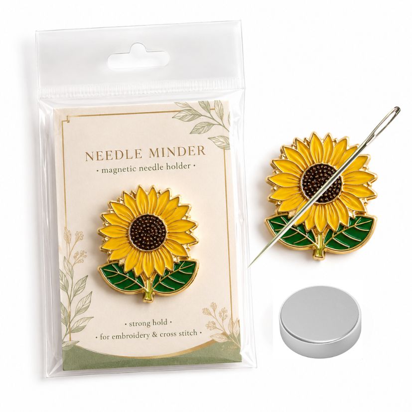 Yellow sunflower magnetic enamel needle minder with custom printed backing card for wholesale needlework tools.