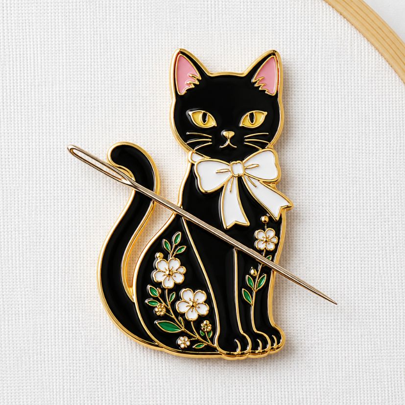 Black cat enamel needle minder with bow holding a sewing needle on canvas, OEM magnetic embroidery accessory.