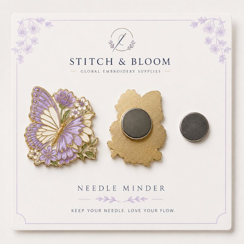 Floral butterfly enamel needle minder with front, back, and loose magnet on custom backing card for OEM orders.