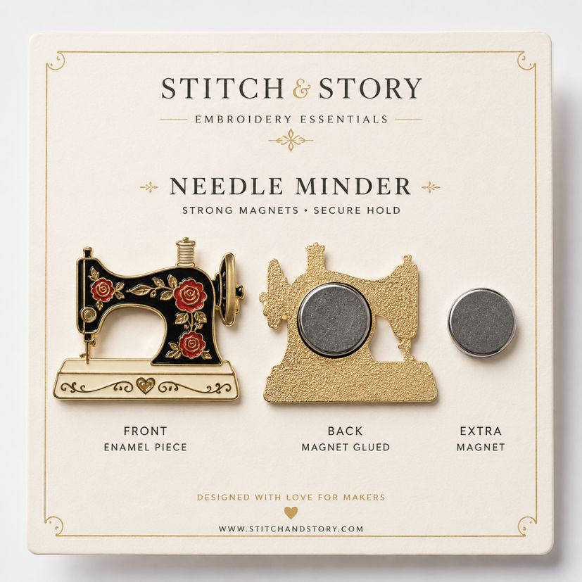 Sewing machine enamel needle minder front and back with neodymium magnet on backing card for craft wholesale.