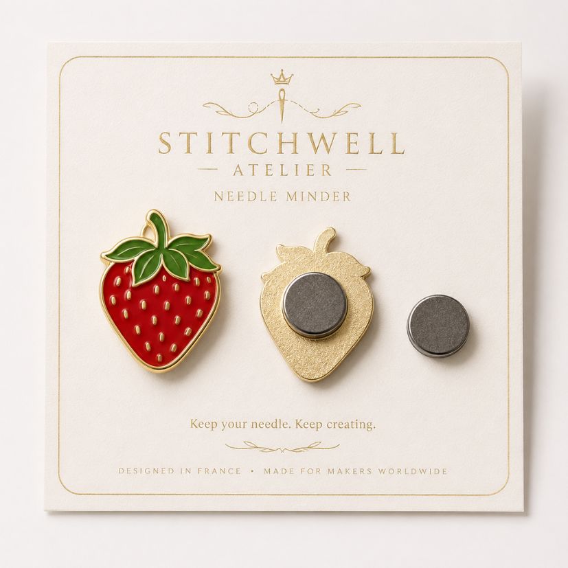 Strawberry enamel needle minder with magnetic back assembly on branded backing card, custom craft notions.
