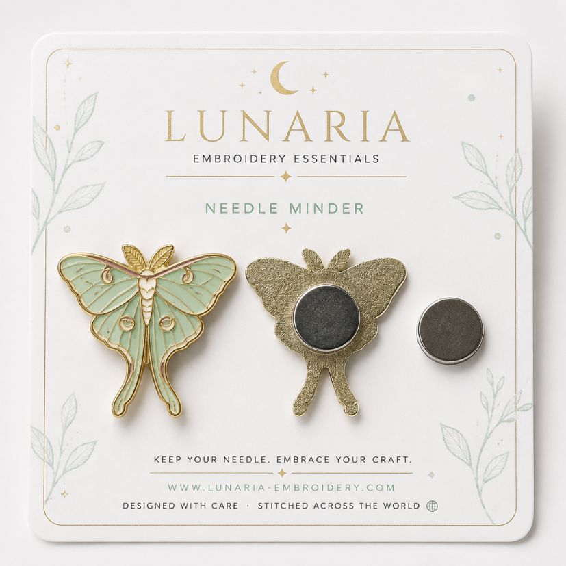 Luna moth enamel needle minder front and back with strong magnet on branded card for wholesale sewing notions.