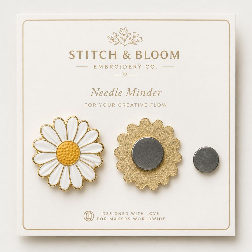 Daisy enamel needle minder with glued back magnet and loose magnet on retail card, custom craft manufacturing.