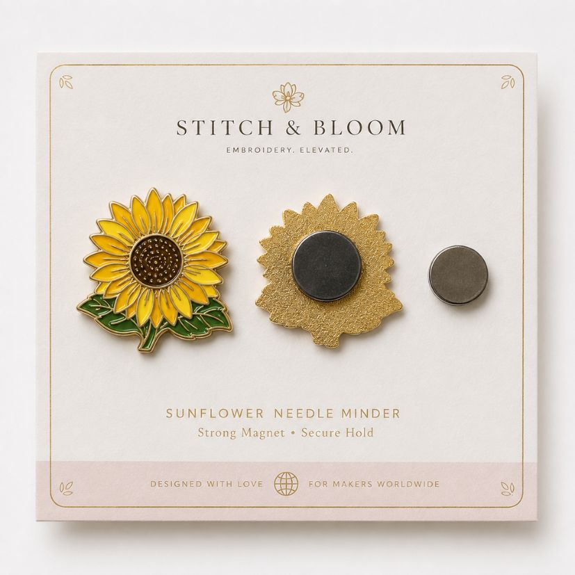 Sunflower enamel needle minder front and back with strong magnet on custom printed card for craft suppliers.