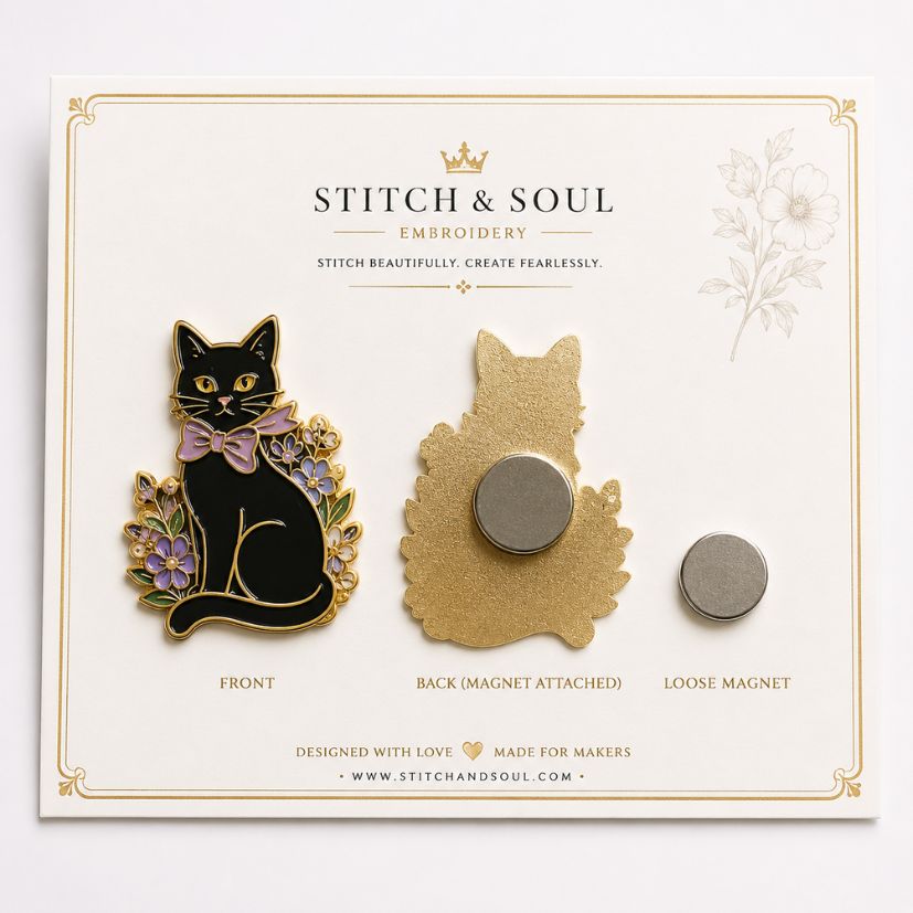 Black cat enamel needle minder with floral details, front, back, and loose magnet on custom backing card.