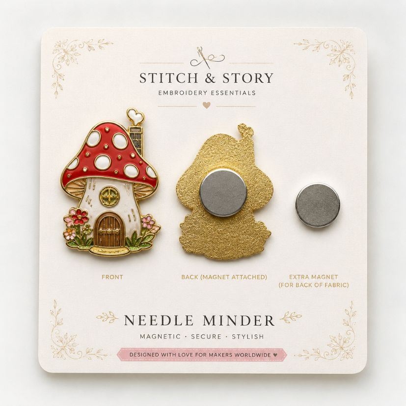 Mushroom house enamel needle minder with front, magnet back, and loose magnet on custom card for wholesale orders.
