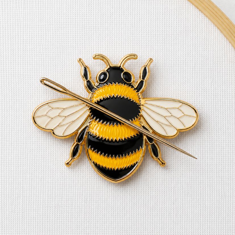 Bumblebee hard enamel needle minder with magnetic needle hold on fabric, custom crafting supplies manufacturer.