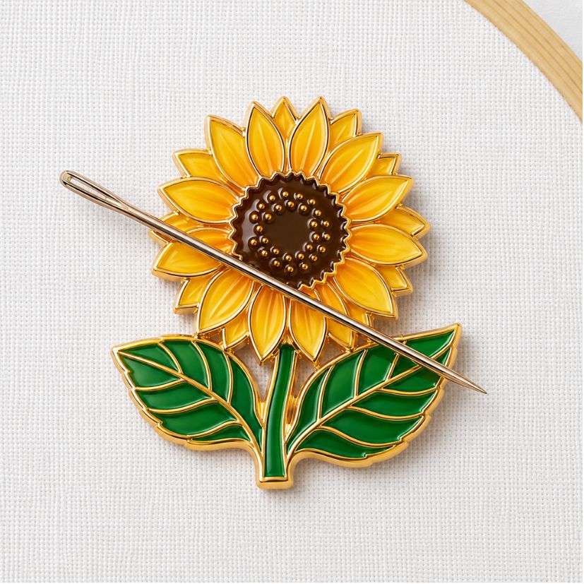 Yellow sunflower enamel magnetic needle minder holding a needle on cloth, B2B custom embroidery accessories.