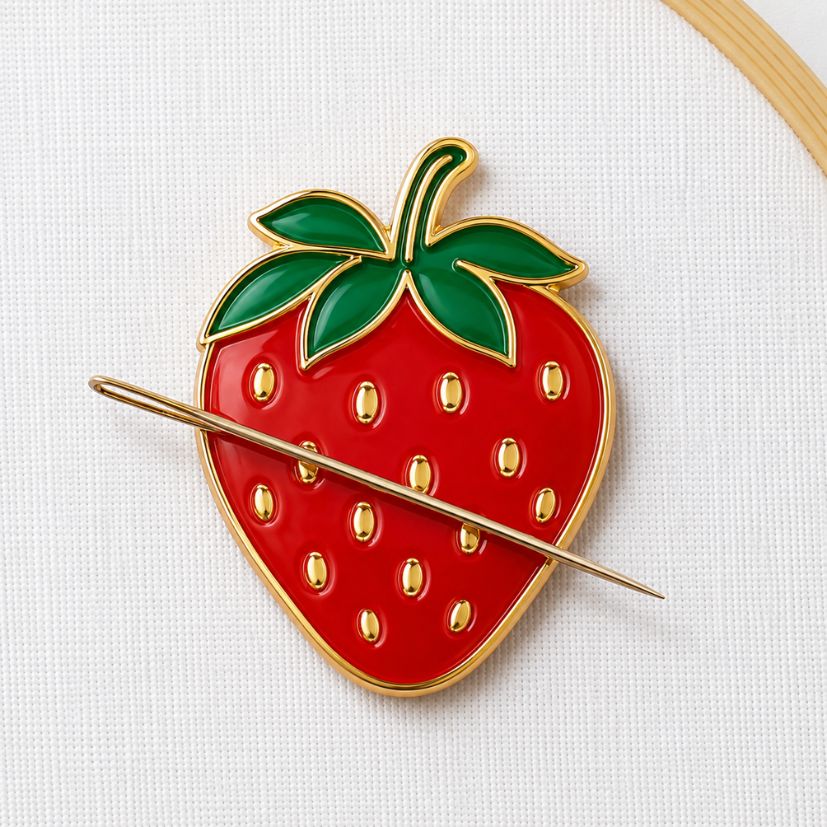 Red strawberry enamel magnetic needle minder holding an embroidery needle, custom metal craft tools wholesale.