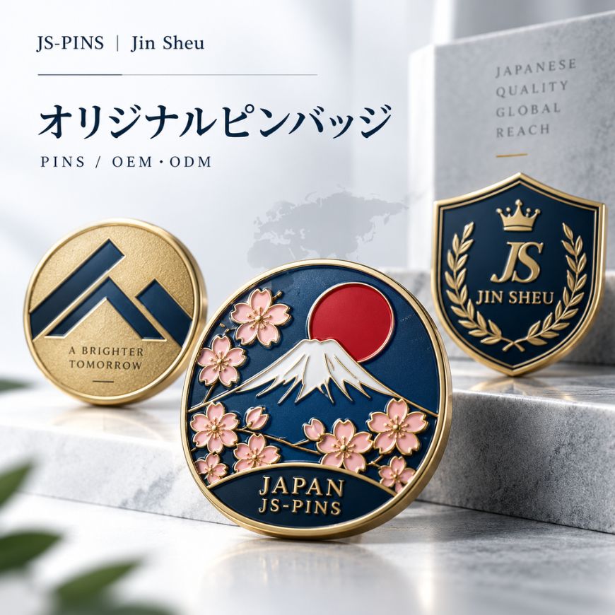 Custom OEM enamel lapel pins featuring detailed Mt. Fuji and crest designs for B2B branding and corporate gifts.