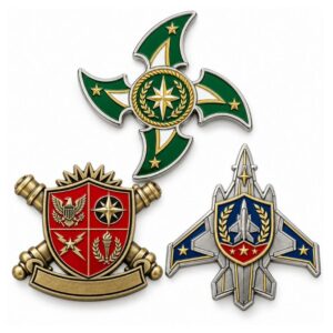 Custom shaped military challenge coins in jet, shield, and shuriken cutouts with enamel plating for B2B orders. (110 characters)