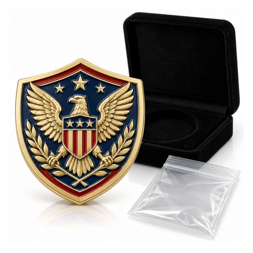 Shield-shaped military challenge coin with eagle emblem, velvet box, and polybag for wholesale order.