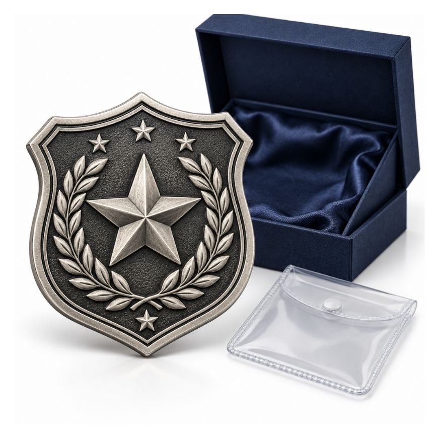 Antique silver shield challenge coin with 3D star and satin gift box, manufactured for custom wholesale orders.