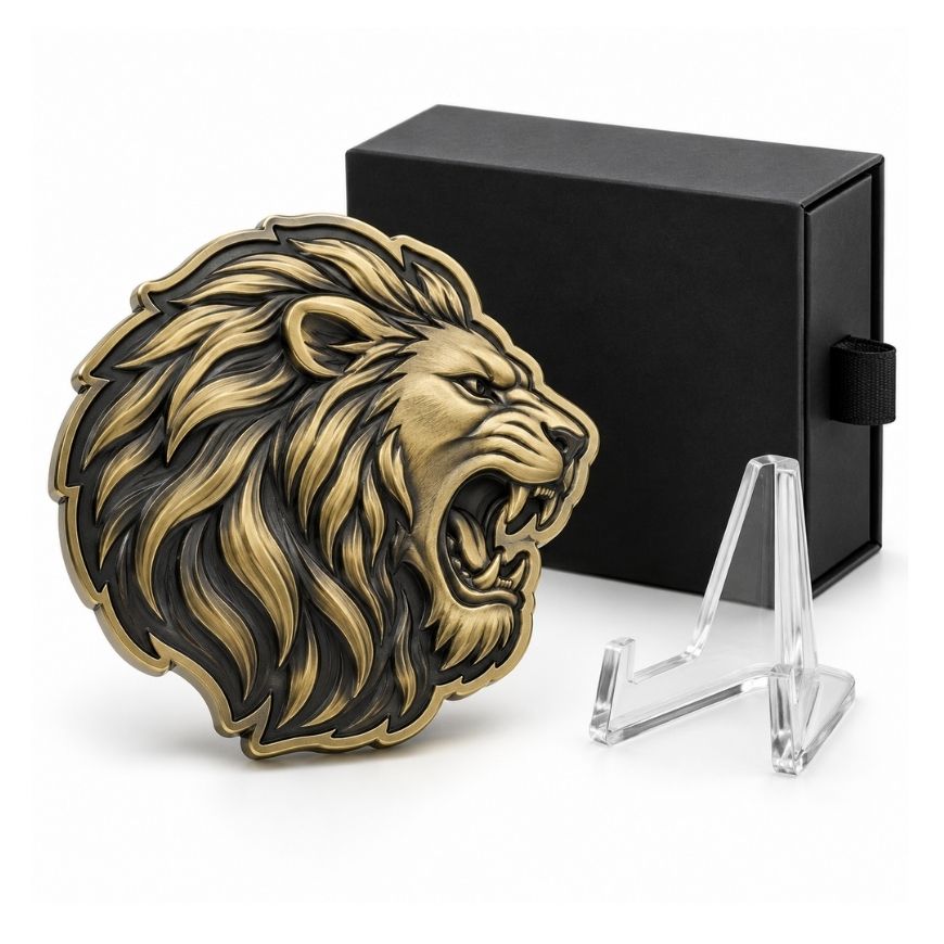 3D roaring lion custom shaped challenge coin in antique bronze, paired with acrylic display stand and luxury gift box.