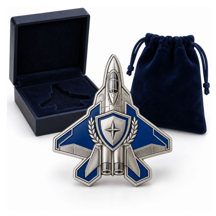 Fighter jet military challenge coin in antique nickel with custom-cut presentation box and velvet pouch for B2B orders.