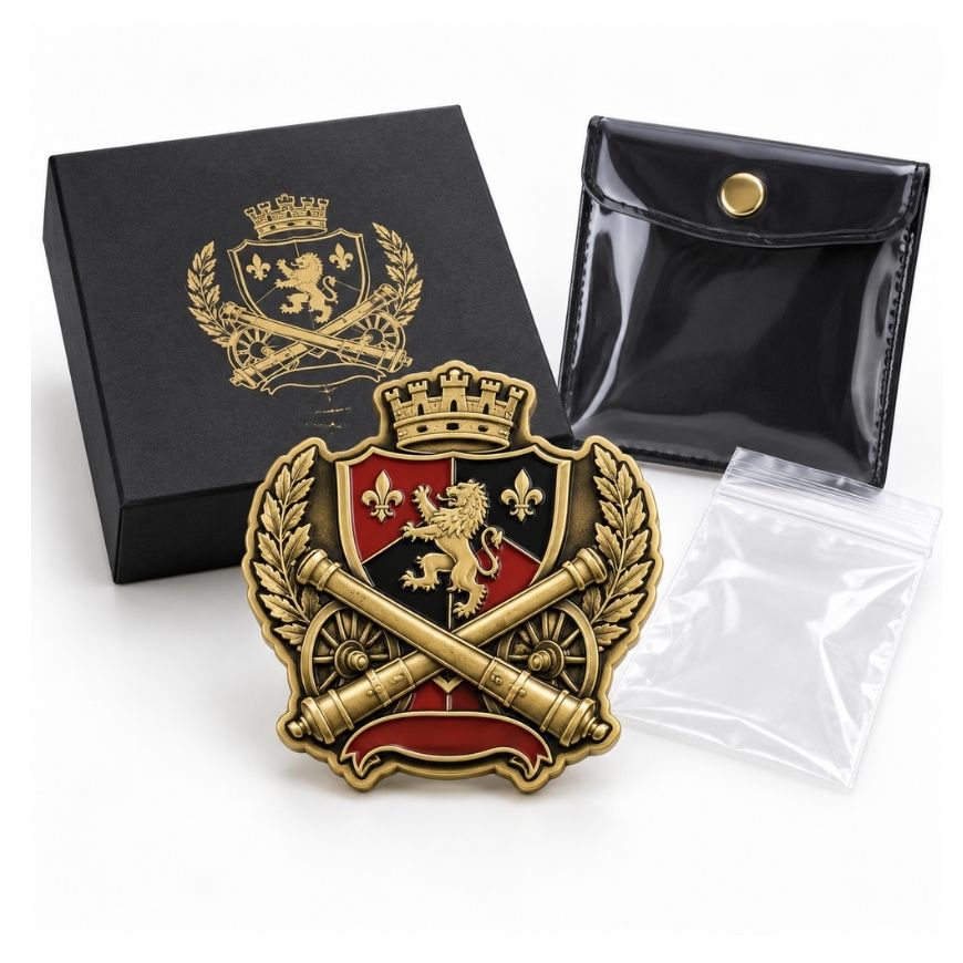 Antique gold crest challenge coin with custom packaging options including gift box, snap pouch, and polybag.