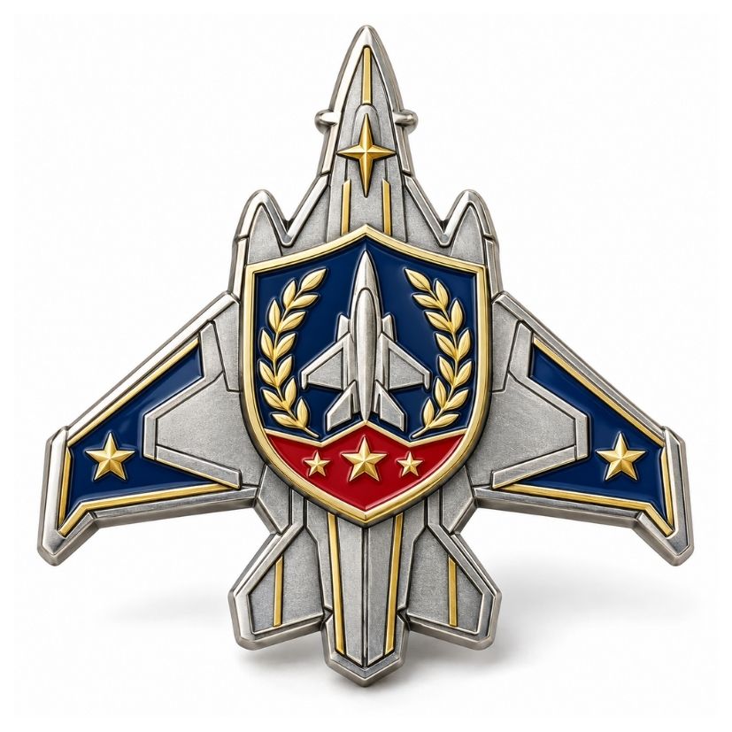 Custom fighter jet shaped challenge coin with dual-tone plating and enamel crest, crafted for air force honors.