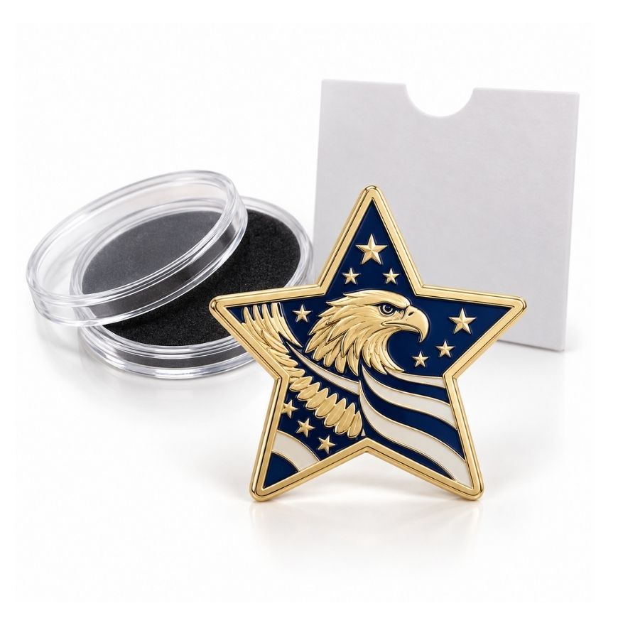 Star shaped eagle challenge coin with acrylic capsule and paper pouch packaging for custom wholesale orders.