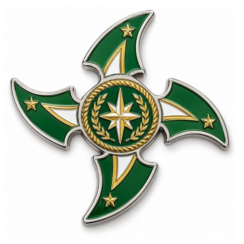 Four-point star cutout challenge coin with green enamel fill and gold rope border, ideal for military recognition.