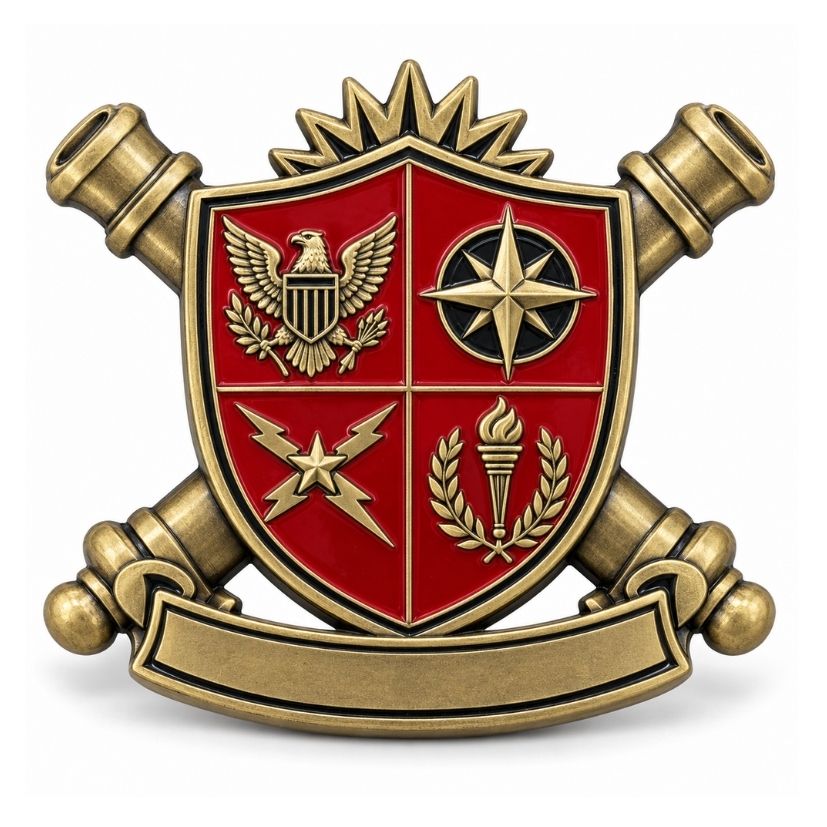 Antique bronze artillery shield challenge coin with crossed cannons and red enamel crest for military honors.