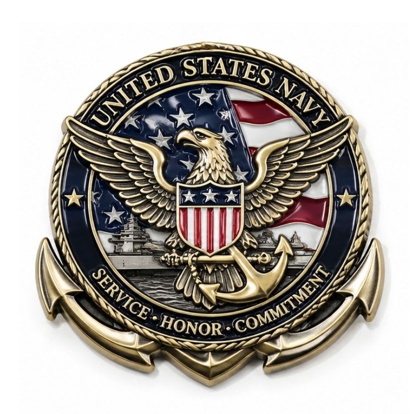 United States Navy anchor shaped challenge coin with eagle emblem and enamel flag for naval service awards.