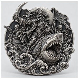 260919-t1415-custom-high-relief-challenge-coin-1_3.jpg::Antique silver 3D high-relief pirate skeleton challenge coin with shark, wholesale collectible medallion.