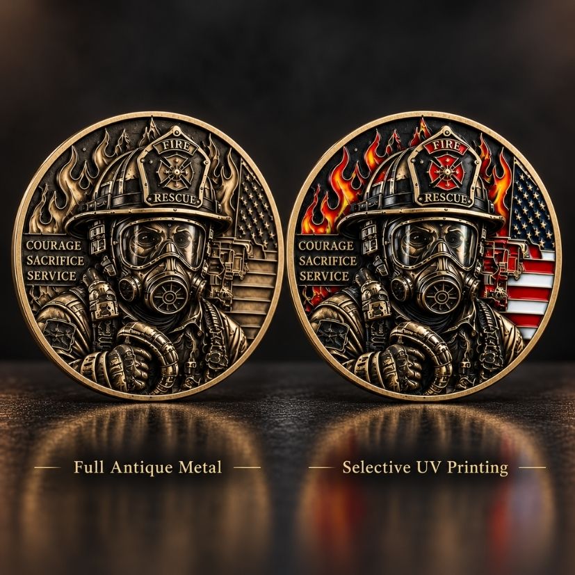 Custom Firefighter Challenge Coin: Full Antique Metal vs Selective UV Printing
