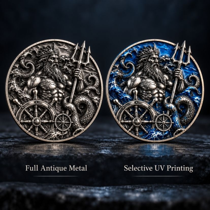 Custom 3D Poseidon Challenge Coin: Full Antique Metal vs Selective UV Printing