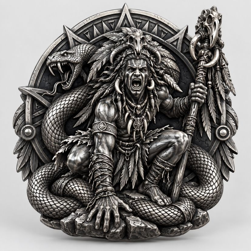 Custom 3D High-Relief Antique Silver Tribal Shaman Challenge Coin