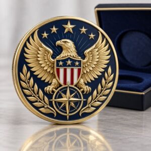 Custom military challenge coin featuring 3D eagle, shield, and compass emblem with a velvet presentation case.